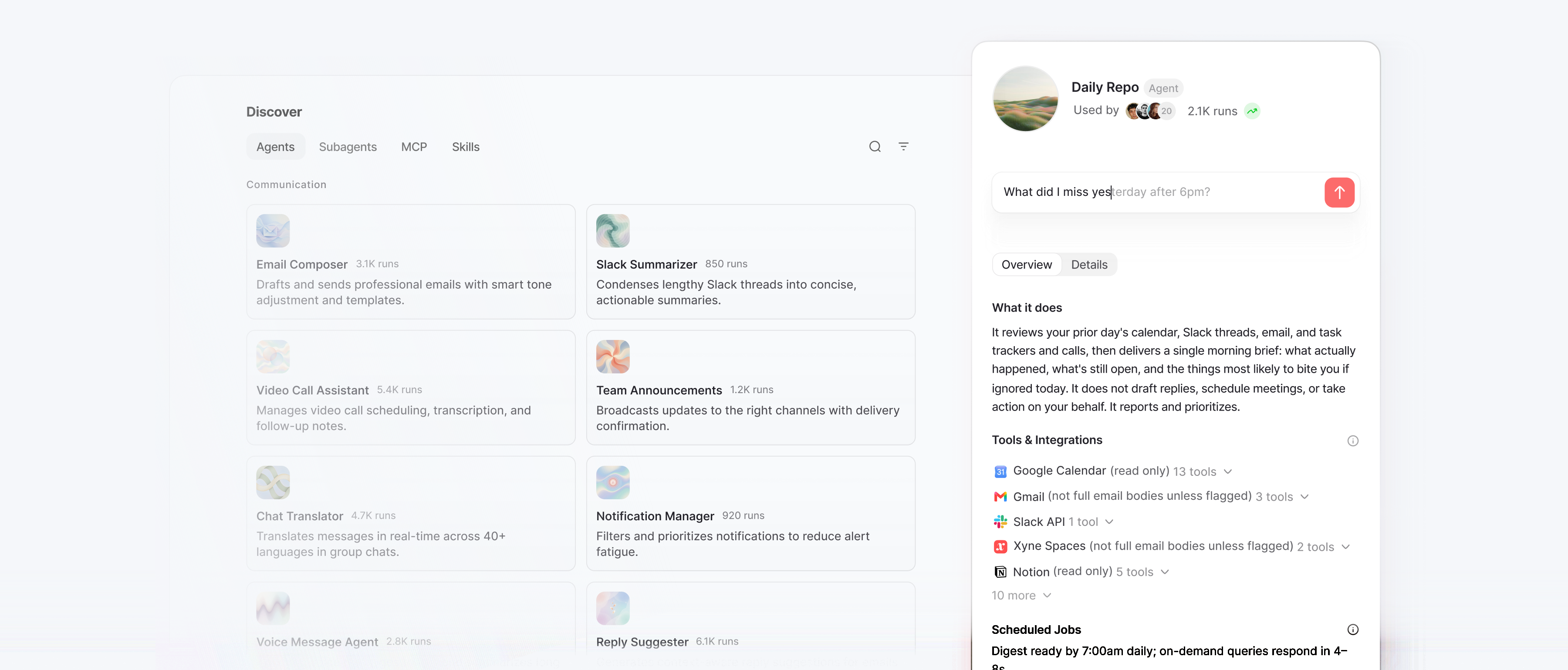 Xyne Claw: a Daily Repo agent showing its tools, integrations and schedule, beside a directory of discoverable agents