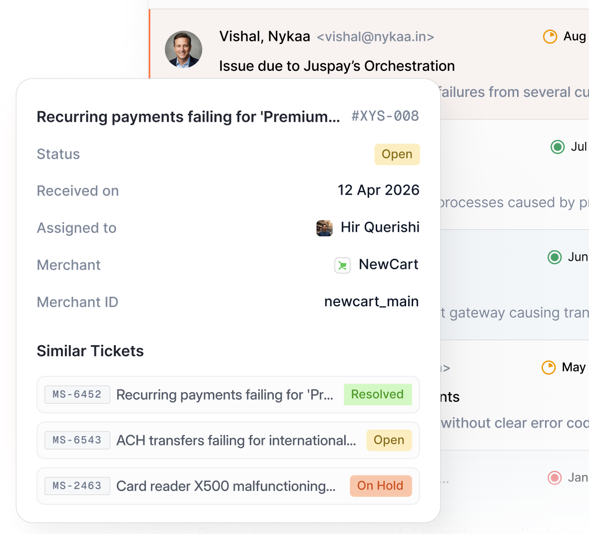 Xyne Desk: a support inbox with a ticket open beside its email thread, and a card surfacing the ticket's status and similar past tickets