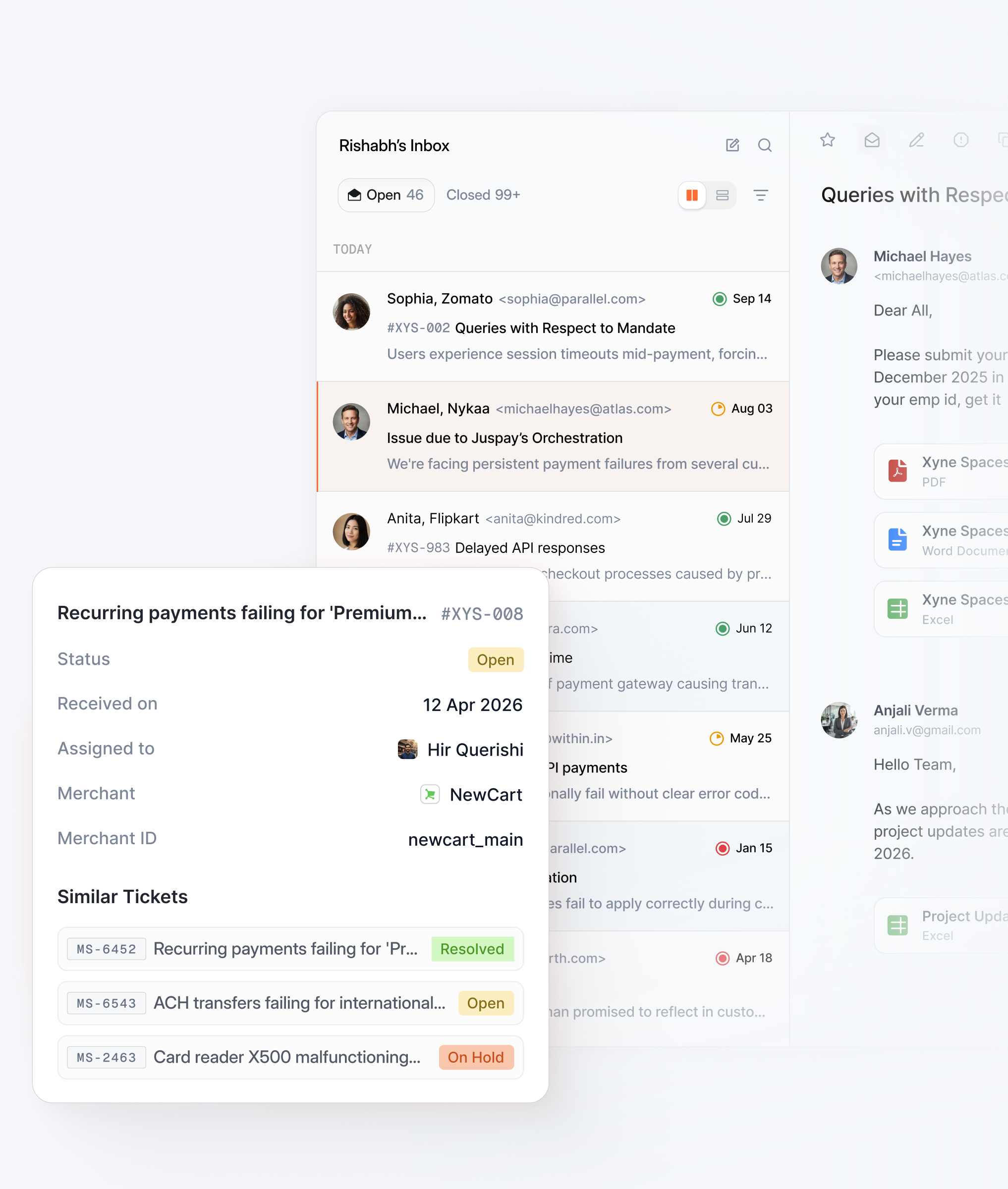 Xyne Desk: a support inbox with a ticket open beside its email thread, and a card surfacing the ticket's status and similar past tickets