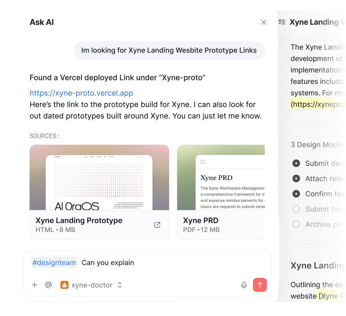 Xyne Search: an Ask AI thread answering a question with cited sources, beside the source document it pulled from