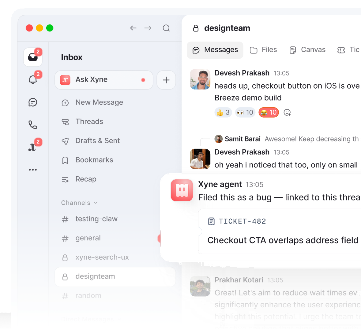 Xyne Spaces: the #designteam channel, where an agent has filed a bug from the thread and linked the ticket, beside a panel summarising the channel