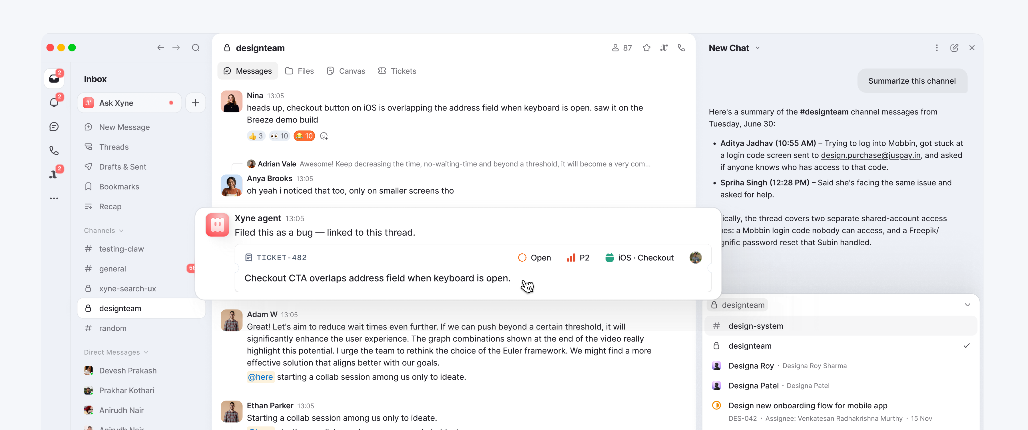 Xyne Spaces: the #designteam channel, where an agent has filed a bug from the thread and linked the ticket, beside a panel summarising the channel